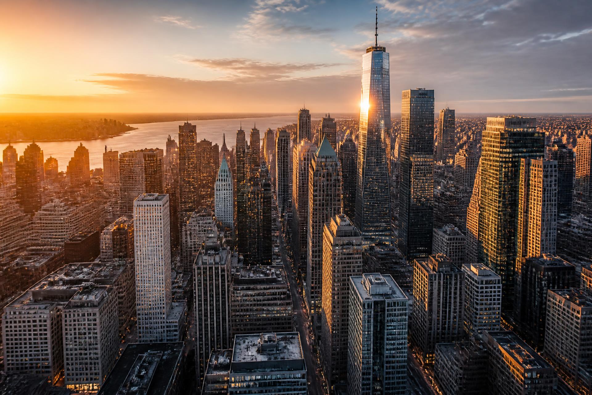 Modern downtown commercial skyline at sunset